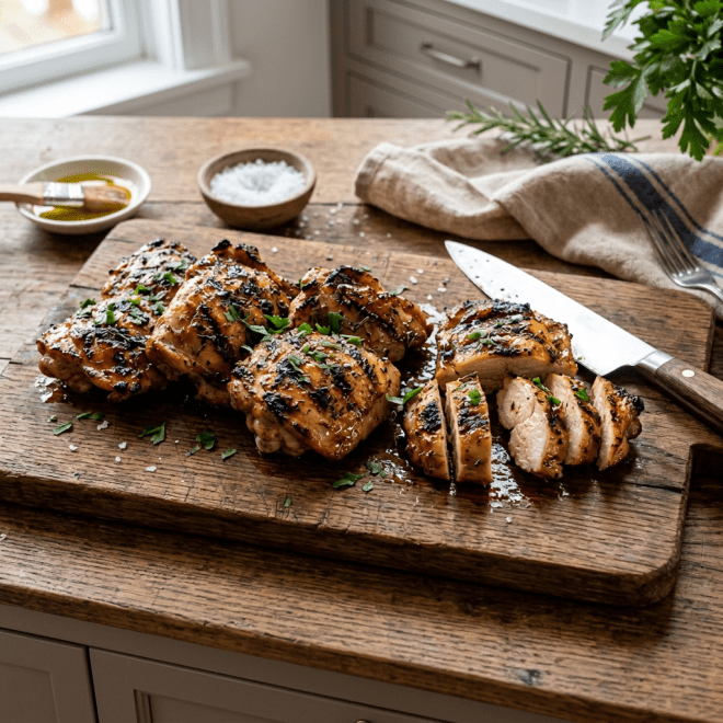 Grilled chicken thighs with herbs on wooden cutting board with knife and seasoning bowls