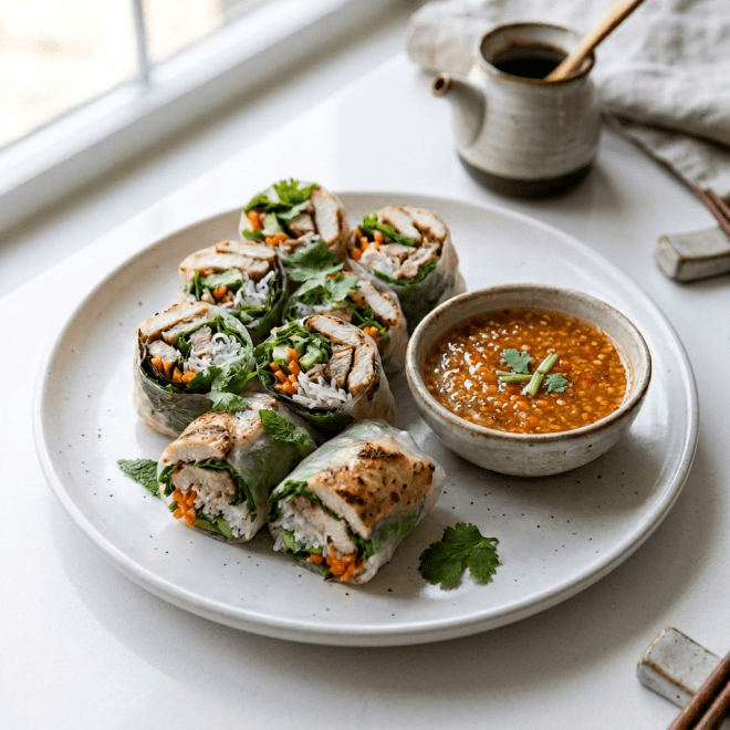 Vietnamese spring rolls with shrimp, herbs, rice noodles, and peanut sauce